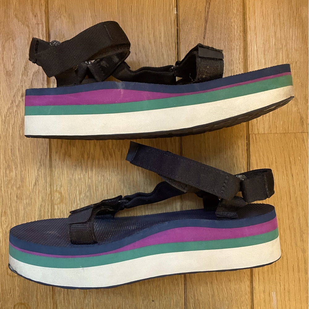 Teva platform sandals (navy, purple, teal, white), size women 7.5